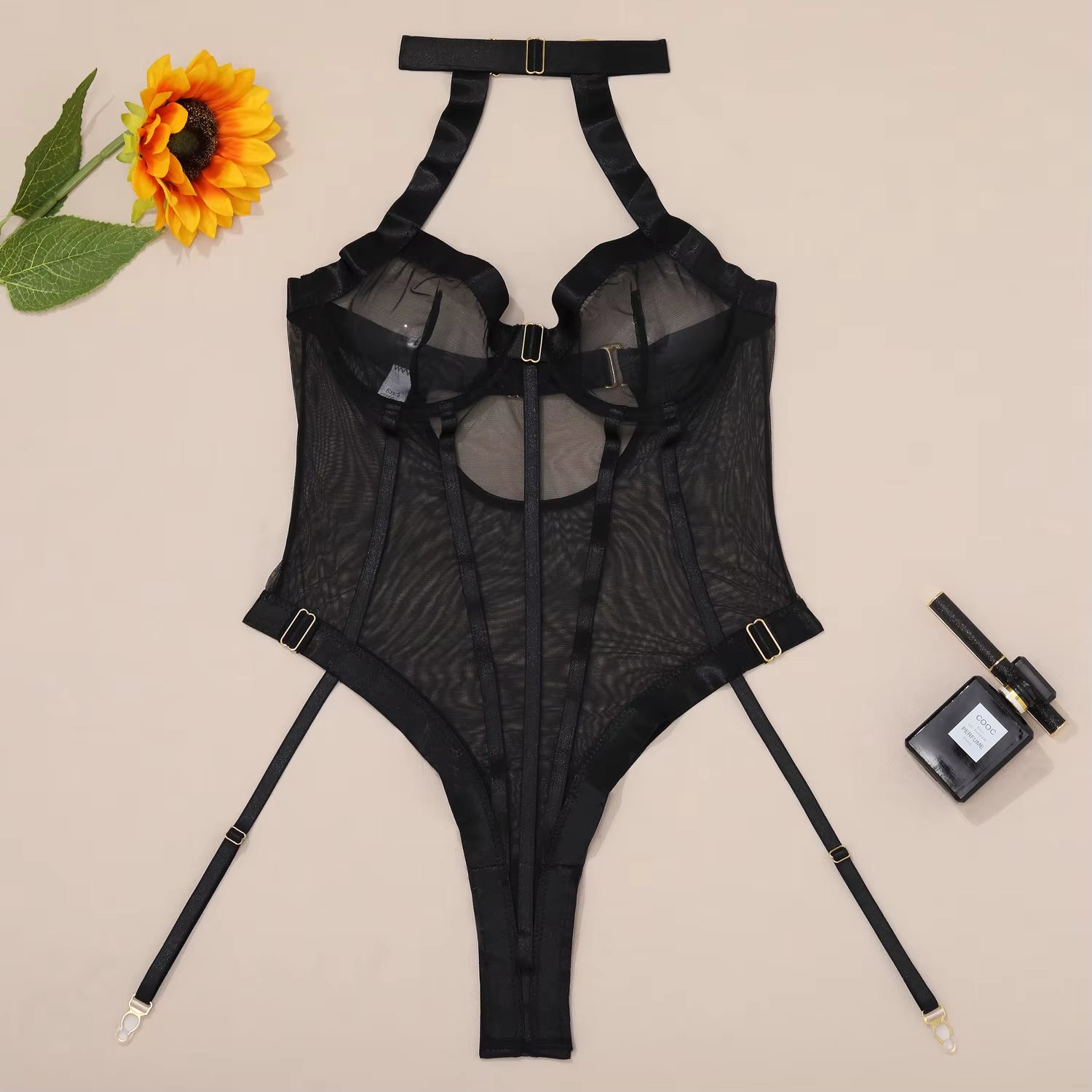 Elegant Women's Lace Lingerie Set with Mesh Nighty and Garter for Special Occasions