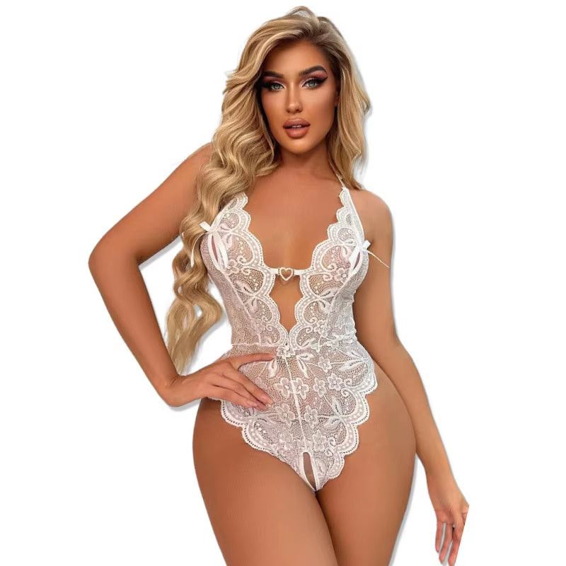 Sexy Women'S Transparent Perspective Open Crotch Underwear Floral Lace Passionate Temptation Jumpsuit Women'S Clothing
