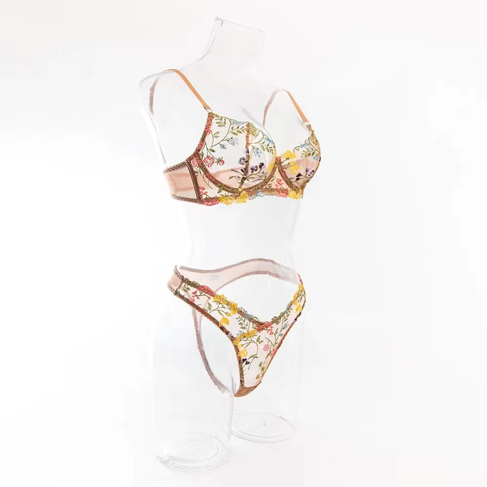 Wholesale Women's Embroidered Lingerie Set with Mesh Bra and Underwear featuring Steel Ring Details