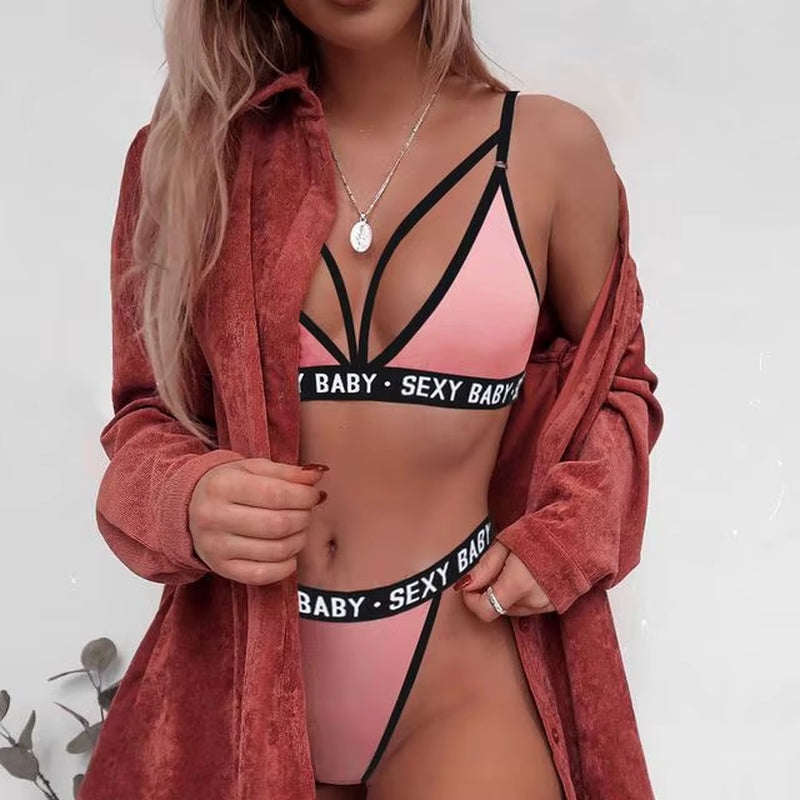 Sexy Lingerie Set for Women Letter Solid Patchwork Sexy Lingerie Femme Underwear G-String Set Lady Fashion