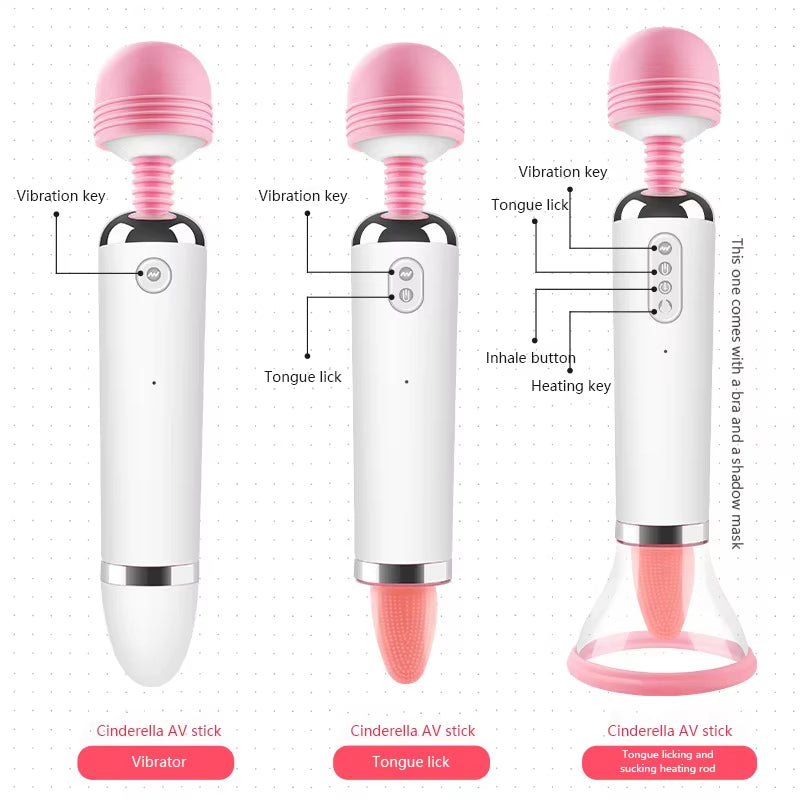 Rechargeable Big Head Fairy Wand Body Massager Heating G Spot Clitoris Stimulator Tongue Licking Sucking Vibrator for Woman