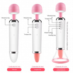 Rechargeable Big Head Fairy Wand Body Massager Heating G Spot Clitoris Stimulator Tongue Licking Sucking Vibrator for Woman