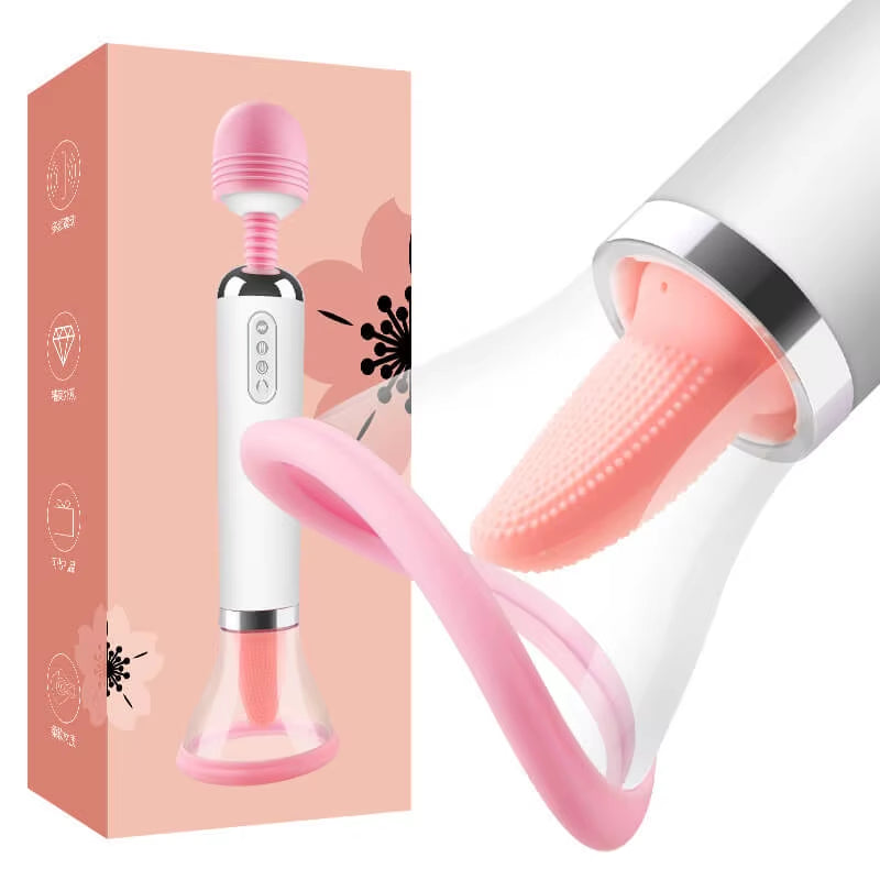 Rechargeable Big Head Fairy Wand Body Massager Heating G Spot Clitoris Stimulator Tongue Licking Sucking Vibrator for Woman