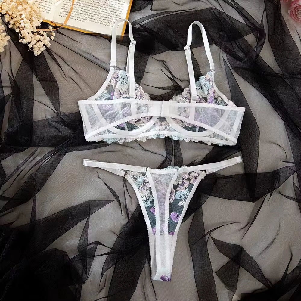 Wholesale Women's Embroidered Lingerie Set with Mesh Bra and Underwear featuring Steel Ring Details