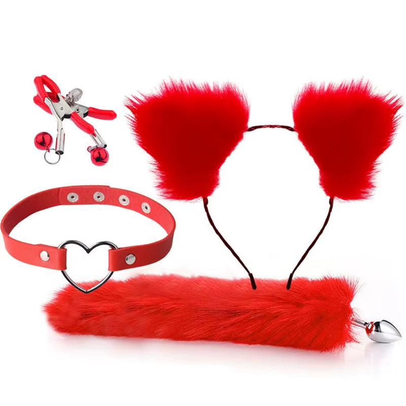 Nipple Clamp Ear Set Cosplay Kit Purple Red Furry Sexy Bdsm Sets with Anal Fox Tail Butt Plug for Women