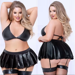 plus Size Black Lingerie Set Patent Leather Bikini Bra and Night Dress Erotic Lingerie